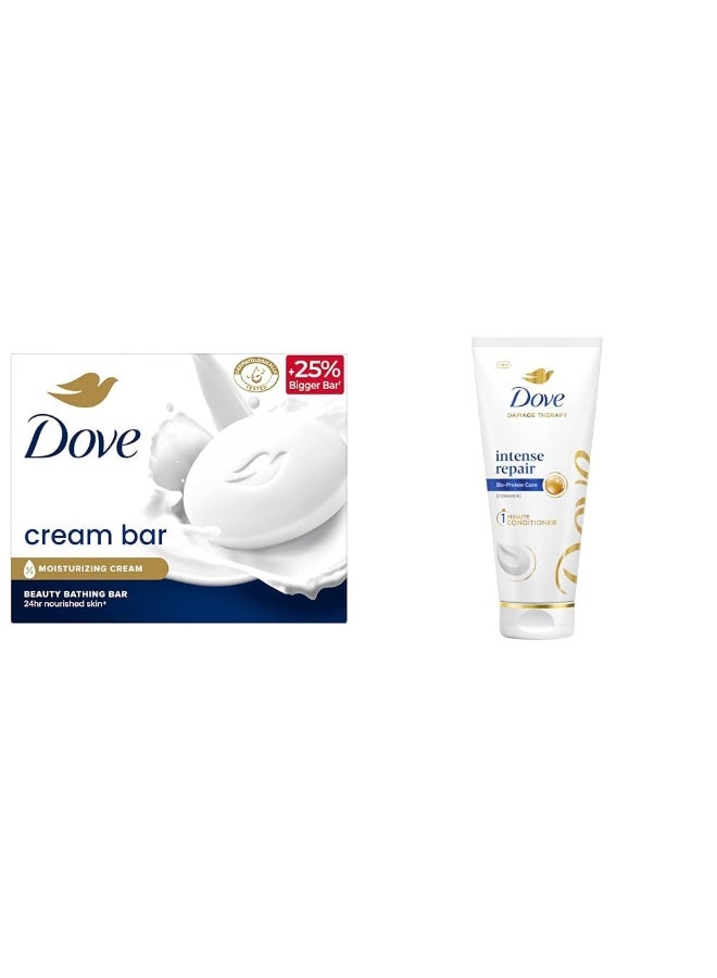 Dove Cream Beauty Bar (125g, Pack of 8) with 1/4 Moisturizing Cream and Intense Repair 1-min Conditioner with Bio-Protein Care for Damaged Hair 335ml - Image 1